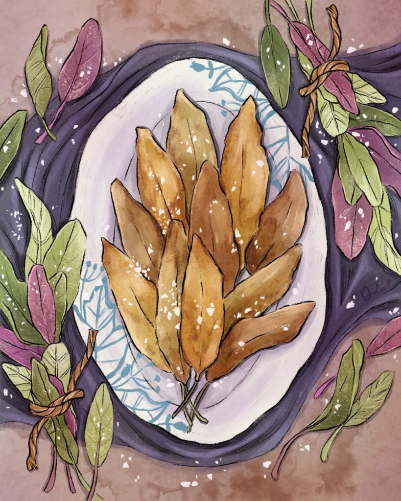 Food illustration of fried sage leaves.