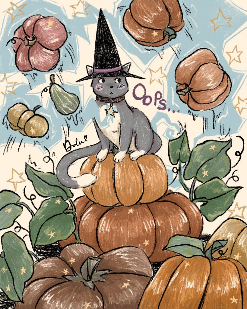 Familiar Cat on a magical pumpkin patch.