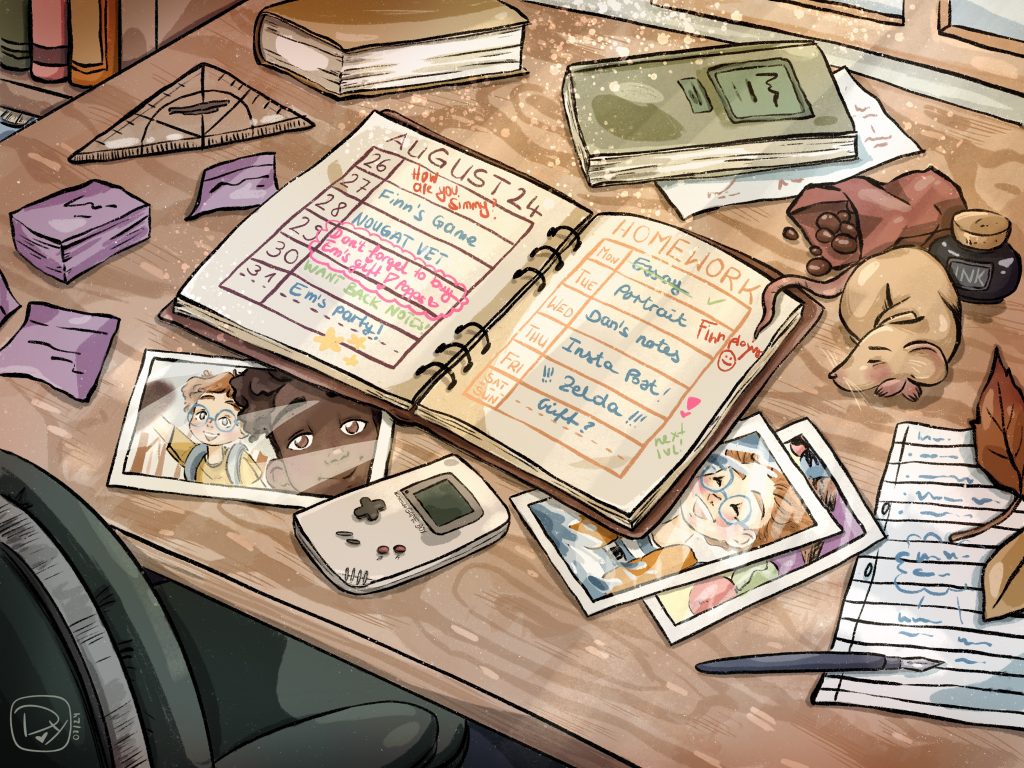 Comic illustration of a messy desk.