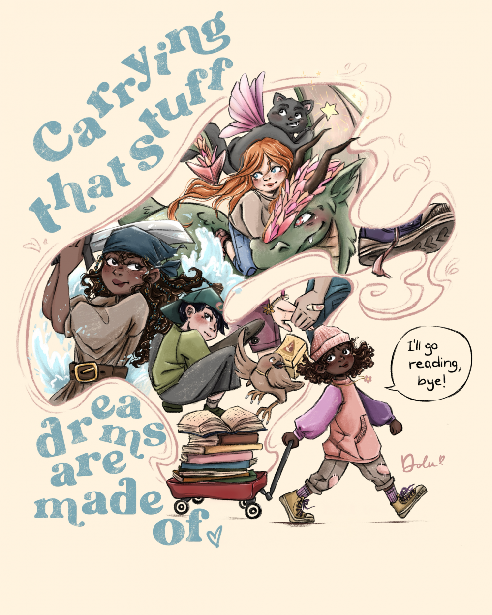 Kinderbuch Illustration kleines Mädchen mit magischen Geschichten.