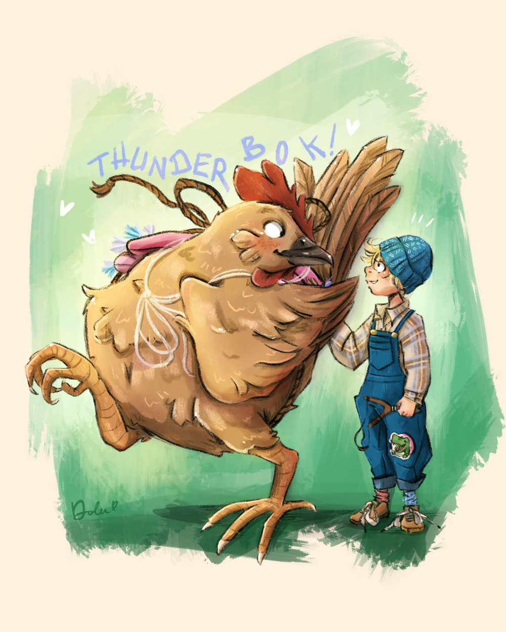 Kinderbuchillustration eines großen Hühnchens mit einem Jungen, gezeichnet von Dolunay Günther